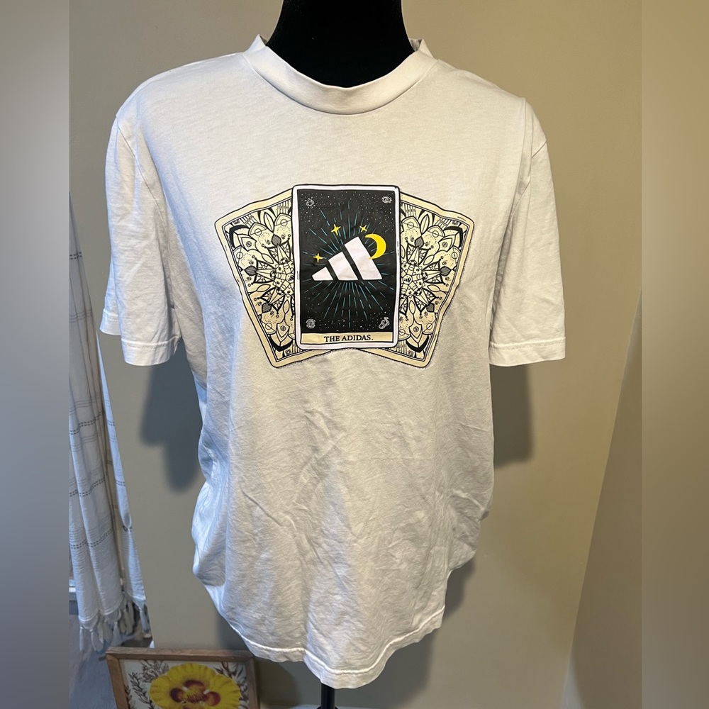 White tarot card Adidas tee shirt size large, unisex